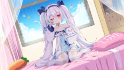  animal_ears artist_name azur_lane bed bed_sheet blue_bow blue_headband blue_ribbon blue_sky bow breasts canopy_bed chinese_commentary cloud collarbone commentary_request dated day dress dutch_angle fake_animal_ears feet female hair_between_eyes halterneck headband highres holding holding_stuffed_toy laffey_(azur_lane) laffey_ii_(azur_lane) long_hair long_sleeves looking_at_viewer model_kit model_ship off-shoulder_dress off_shoulder on_bed one_eye_closed pillow rabbit-shaped_pupils rabbit_ears red_eyes ribbon rubbing_eyes shelf short_dress sitting sky sleeves_past_fingers sleeves_past_wrists small_breasts solo straight-on stuffed_animal stuffed_carrot stuffed_rabbit stuffed_toy symbol-shaped_pupils thighhighs translucent twintails very_long_hair wariza white_dress white_hair white_thighhighs window xiao_shi_lullaby 