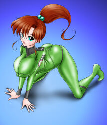  all_fours aqua_eyes ass bishoujo_senshi_sailor_moon bodysuit breasts brown_hair covered_nipples female kino_makoto large_breasts long_hair looking_at_viewer open_mouth ponytail sailor_jupiter skin_tight solo vyz03110 