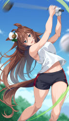  :d absurdres ahoge animal_ears bare_arms bare_shoulders black_shorts blue_eyes blue_sky brown_hair commentary_request day feet_out_of_frame female gloves golf golf_club hair_ornament hairclip hat highres holding holding_golf_club horse_ears horse_girl horse_tail long_hair looking_at_viewer mini_hat mini_top_hat motion_blur mr._c.b._(umamusume) mukunokino_isshiki navel open_mouth outdoors shirt short_shorts shorts single_glove sky sleeveless sleeveless_shirt smile solo tail top_hat umamusume very_long_hair white_gloves white_hat white_shirt 