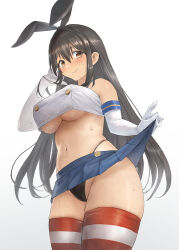  black_hairband black_neckerchief black_panties blue_sailor_collar blue_skirt blush breasts brown_eyes brown_hair chikuma_(kancolle) cosplay crop_top elbow_gloves female gloves hairband highleg highleg_panties horizontal-striped_thighhighs kantai_collection large_breasts long_hair microskirt neckerchief panties ribbon sailor_collar shimakaze_(kancolle) shimakaze_(kancolle)_(cosplay) skirt smile striped_clothes striped_thighhighs thighhighs thong toka_(marchlizard) underwear white_gloves 