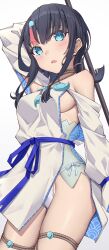  absurdres bare_shoulders black_hair blue_eyes blue_ribbon blush breasts dress fate/grand_order fate/requiem fate_(series) female fundoshi highres japanese_clothes jewelry large_breasts long_sleeves looking_at_viewer magatama magatama_hair_ornament magatama_necklace medium_hair multicolored_hair necklace open_mouth pelvic_curtain pink_hair polearm puffy_long_sleeves puffy_sleeves ribbon seigaiha short_dress sideboob sideless_outfit sidelocks solo spear streaked_hair thighs toukan utsumi_erice utsumi_erice_(lancer) weapon white_dress 