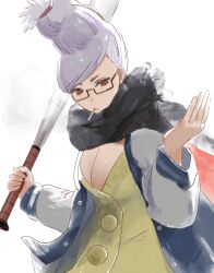  ayase_seiko baseball_bat beehive_hairdo black_scarf blue_jacket breasts brown_eyes cardigan cigarette cleavage dandadan female glasses grey_hair highres holding holding_baseball_bat jacket large_breasts mature_female multicolored_clothes multicolored_jacket ringosan2329 scarf semi-rimless_eyewear simple_background smoking solo tall_hair two-tone_jacket white_background white_jacket yellow_cardigan 