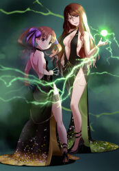  2girls alternate_costume backless_dress backless_outfit bb_(fate) bb_dubai_(fate) bb_dubai_(fate)_(cosplay) belly_chain black_dress black_footwear blackminolith_(2ne) bow breasts brown_eyes brown_hair center_opening cocktail_dress commission cosplay dress energy_ball english_commentary gradient_clothes gradient_dress grey_background hand_on_own_hip high_heels highres holding holding_needle holster jewelry long_hair looking_at_viewer looking_back medium_breasts mugino_shizuri multiple_girls necklace needle pixiv_commission psychic purple_bow shirai_kuroko side_slit simple_background small_breasts smile thigh_holster throwing_needles toaru_kagaku_no_railgun toaru_majutsu_no_index twintails 