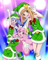  3girls :d aida_orine akb0048 arm_up belt belt_buckle blonde_hair blue_eyes blue_hair boots bow bowtie brown_belt brown_eyes buckle collarbone concert elbow_gloves fur-trimmed_boots fur-trimmed_headwear fur-trimmed_shirt fur_footwear fur_skirt fur_trim gloves green_eyes green_footwear green_hat green_skirt hat head_tilt high_side_ponytail hiyori_(nyatto) holding holding_microphone idol long_hair looking_at_viewer microphone miniskirt multiple_girls official_art open_mouth outstretched_arm pink_eyes pink_hair plaid_bow plaid_bowtie plaid_clothes plaid_footwear plaid_hat plaid_shirt plaid_skirt reaching reaching_towards_viewer red_bow red_bowtie santa_costume shinonome_sonata shirt skirt sleeveless sleeveless_shirt smile standing teeth twisted_torso upper_teeth_only waving white_gloves yokomizo_makoto 