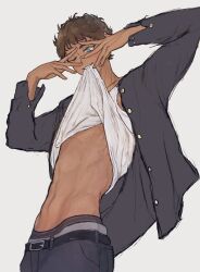  1boy belt black_jacket blue_eyes brown_hair clothes_in_mouth clothes_lift curly_hair dark-skinned_male dark_skin dungeon_meshi gakuran hands_on_own_face highres jacket kabru long_sleeves male_focus male_underwear male_underwear_peek mchi125 mouth_hold navel one_eye_closed open_clothes open_jacket school_uniform shirt shirt_lift short_hair simple_background solo sweatdrop underwear upper_body white_background white_shirt 