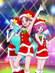  3girls :d akb0048 arm_up belt_buckle blue_eyes blue_hair boots bow bowtie brown_eyes buckle concert elbow_gloves feet_out_of_frame fur-trimmed_headwear fur-trimmed_shirt fur_boots fur_skirt fur_trim gloves green_bow green_bowtie hat hiyori_(nyatto) holding holding_microphone idol lens_flare light_particles long_hair microphone miniskirt multiple_girls official_art open_mouth outstretched_arm pink_hair red_eyes red_footwear red_hair red_hat red_shirt red_skirt santa_costume shinonome_kanata shirt short_hair skirt sleeveless sleeveless_shirt smile stage stage_lights stairs standing teeth upper_teeth_only very_long_hair white_gloves 