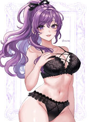  :d asahina_mafuyu bare_shoulders black_panties black_ribbon blush bra breasts cleavage collarbone commentary cowboy_shot female groin hair_ribbon hand_on_own_chest highres lace-trimmed_bra lace-trimmed_panties lace_trim large_breasts lingerie long_hair looking_at_viewer nipples open_mouth panties picture_frame ponytail project_sekai purple_eyes purple_hair ribbon smile solo underwear underwear_only zqzbq 