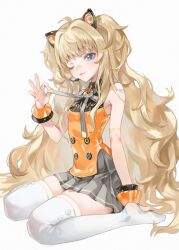  animal_ears blonde_hair blue_eyes breasts cat_ears closed_mouth commentary female gb_dumf grey_skirt headset highres long_hair looking_at_viewer one_eye_closed pleated_skirt seeu shirt simple_background sitting skindentation skirt sleeveless sleeveless_shirt small_breasts solo speaker symbol-only_commentary thighhighs very_long_hair vocaloid white_background white_thighhighs 