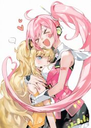  &gt;_&lt; ... 2girls animal_ears between_breasts blonde_hair blue_eyes blush breasts cat_ears closed_eyes closed_mouth commentary_request eyelashes facial_mark gb_dumf hair_between_eyes head_between_breasts headphones headset heart highres hug korean_commentary large_breasts long_hair maid_headdress multiple_girls nail_polish one_eye_closed open_mouth pink_hair pink_nails ponytail seeu shirt side_ponytail simple_background sleeveless sleeveless_shirt spoken_ellipsis star-shaped_pupils star_(symbol) star_facial_mark symbol-shaped_pupils uni_(vocaloid) very_long_hair vocaloid white_background 