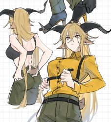  animal_ears arknights bare_shoulders black_bra black_footwear black_horns blonde_hair bra brown_tail buttons collared_shirt crossed_bangs curled_horns degenbrecher_(arknights) dress_shirt dressing female green_pants grid grid_background hair_between_eyes high_heels highres horns long_bangs long_hair long_sleeves multiple_views no_shirt pants parted_lips shirt shoes tail underwear very_long_hair white_background yakota_(usuk-yako) yellow_eyes yellow_shirt 