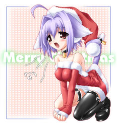  animal_ears bell cat_ears christmas collar copyright_request dress female hat neck_bell santa_costume santa_hat solo strapless strapless_dress tachibana_surimu tail thighhighs 