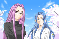  2girls blue_eyes blue_hair braid cherry_blossoms fate/hollow_ataraxia fate/stay_night fate_(series) forehead glasses long_hair medea_(fate) medusa_(fate) medusa_(rider)_(fate) multiple_girls parted_lips pointy_ears purple_eyes purple_hair smile toshibou_(satsukisou) upper_body 