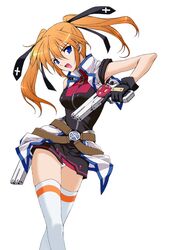  belt blue_eyes cross_mirage double_barrels dual_wielding female gun handgun holding lyrical_nanoha mahou_shoujo_lyrical_nanoha_strikers o-ring orange_hair panties pantyshot red_hair solo teana_lanster thighhighs twintails underwear upskirt weapon white_panties yatsushima_tetsuya zipper zipper_pull_tab 