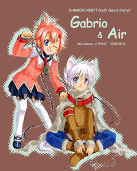  1boy air_colthearts animal_ears artist_name belt blue_eyes character_name collar copyright_name dated dog_ears dog_tail female gabrio hair_ornament hairclip jewelry leash looking_at_viewer necklace one_eye_closed pink_hair sakura_mio_(vent) sitting skirt summon_night summon_night_swordcraft_story_2 tail thighhighs white_hair white_thighhighs 