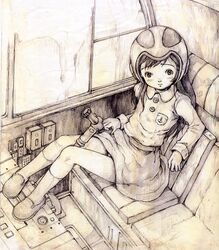  bad_link copyright_request female long_hair looking_at_viewer miura_yasuto monochrome sitting solo 