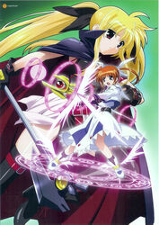  2girls bardiche_(device_form)_(nanoha) bardiche_(nanoha) belt blonde_hair bow cape dress fate_testarossa fate_testarossa_(original_form) gloves highres long_hair lyrical_nanoha magic_circle magical_girl mahou_shoujo_lyrical_nanoha multiple_girls official_art okuda_yasuhiro purple_eyes raising_heart raising_heart_(shooting_mode) red_bow red_eyes red_hair shoes short_hair takamachi_nanoha takamachi_nanoha_(original_mode) thighhighs twintails very_long_hair winged_footwear wings 