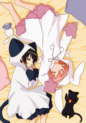  2girls animal animal_costume animal_ears barefoot bed bed_sheet bell black_cat black_hair brown_hair cat_costume cat_ears cat_tail choker closed_eyes feline from_above full_body fur half-closed_eyes highres jingle_bell lying misha_(pita_ten) multiple_girls nyaa-san official_art on_side orange_hair pajamas pillow pita_ten rabbit_costume red_eyes sakai_kyuuta scan shia_(pita_ten) short_hair sleeping tail vector_trace 