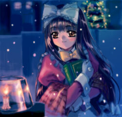  book bow candle christmas female kokoro_(kokoro_toshokan) kokoro_toshokan mutsuki_(moonknives) non-web_source oekaki photoshop_(medium) snow solo yellow_bow 