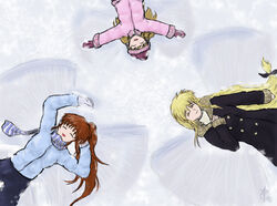  3girls artist_request blonde_hair fate_testarossa lying lyrical_nanoha mahou_shoujo_lyrical_nanoha_strikers multiple_girls photoshop_(medium) side_ponytail snow snow_angel takamachi_nanoha vivio 