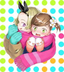  2girls :q aqua_gloves blonde_hair blush brown_hair flower garex gloves green_eyes hair_flower hair_ornament hairband heart mittens multiple_girls original pink_scarf purple_eyes scarf shared_clothes shared_scarf short_ponytail side_ponytail tongue tongue_out upper_body 