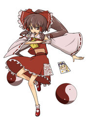  bow bromide commentary_request female hairbow hakurei_reimu kirisame_marisa midriff mishima_hiroji ofuda red_bow solo standing touhou yin_yang 