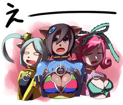  3girls animal_ears barasoto_momo black_eyes black_hair blue_hair breasts cleavage closed_eyes hair_ornament hair_ribbon hairband hirosato katakuchi_ikuo large_breasts muchi_muchi_pork multiple_girls o_o open_mouth pink_hair ribbon short_hair souki_rafute twintails 