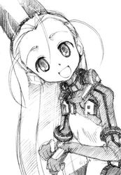  :d animal_ears elise_von_dietrich fake_animal_ears female forehead from_side gofu greyscale hair_between_eyes hairband long_hair looking_at_viewer monochrome motion_slit open_mouth pilot_suit sketch sky_girls smile solo traditional_media very_long_hair 