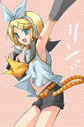  :d arm_up arm_warmers armpits ascot belt black_shorts blonde_hair blue_eyes bow cowboy_shot detached_sleeves female from_side hair_ornament hairbow hairclip headphones holding holding_microphone kagamine_rin looking_at_viewer microphone miyabi_juri navel open_mouth photoshop_(medium) polka_dot polka_dot_background ribbon sailor_collar short_hair shorts sleeveless smile solo stomach swept_bangs tattoo treble_clef vocaloid white_bow yellow_ribbon 