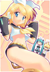  &gt;_&lt; 1boy 2girls :d :o ^^^ aqua_hair arms_up bad_singing belt black_legwear blonde_hair blue_eyes blush body_writing breasts checkered chibi closed_eyes copyright_name crop_top detached_sleeves doraemon dutch_angle flat_chest foreshortening from_below hair_ornament hair_ribbon hairclip hands_on_headphones hands_on_own_chest hatsune_miku headphones headset kagamine_len kagamine_rin kneehighs long_hair looking_at_viewer midriff multiple_girls navel necktie no_bra open_mouth photoshop_(medium) pleated_skirt ribbon school_uniform serafuku shirt short_hair short_shorts shorts skirt small_breasts smile socks spiked_hair spiral standing surprised swept_bangs tattoo thighhighs thighs translated triangle_mouth underboob upshirt very_long_hair vocaloid yamabuki_zarame 