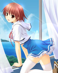  brown_eyes brown_hair earrings female highres jewelry kono_aozora_ni_yakusoku_wo leaning_forward midriff nekonyan photoshop_(medium) sawaki_rinna school_uniform short_hair skirt smile solo thighhighs water white_thighhighs window zettai_ryouiki 