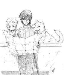  1boy canine expressionless female greyscale hair_between_eyes kino_no_tabi lowres monochrome pants parted_lips reading riku_(kino_no_tabi) shizu_(kino_no_tabi) short_hair sketch smile sweater tea_(kino_no_tabi) turtleneck 