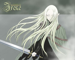  amputee artist_request blonde_hair cape character_name claymore_(series) cloak female frown grey_background grey_eyes holding holding_sword holding_weapon irene_(claymore) long_hair pointy_ears solo strap sword weapon 