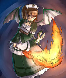  bobo book brown_eyes brown_hair deathsmiles dragon dragon_girl dragon_wings dress female fire follett_(deathsmiles) glasses hairband hirosato maid monster_girl short_hair smile solo wings 