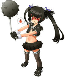  :q black_hair black_mittens black_thighhighs blush_stickers female frilled_thighhighs frills kooh long_hair mace mittens navel pangya red_eyes sasago_kaze skirt smile solo spiked_mace spikes spoken_object thighhighs tongue tongue_out twintails weapon zettai_ryouiki 