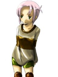  artist_request female green_eyes kino_no_tabi knee_pads long_sleeves pink_hair short_hair shorts solo tea_(kino_no_tabi) white_background 