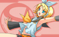  :d arm_warmers armpits belt black_shorts blonde_hair blouse blue_eyes bow clothes_lift female hair_ornament hairbow hairclip headphones kagamine_rin microphone miyabi_juri navel open_mouth outstretched_arms photoshop_(medium) pink_background polka_dot polka_dot_background ribbon sailor_collar shirt shirt_lift short_hair shorts sleeveless smile solo spread_arms stomach swept_bangs tattoo upper_body upshirt vocaloid white_bow white_shirt yellow_ribbon 