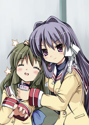  2girls bad_link clannad fujibayashi_kyou hair_intakes happy_state hikarizaka_private_high_school_uniform ibuki_fuuko juice_box multiple_girls photoshop_(medium) school_uniform tomusooya 