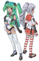  2girls chiivistan dark-skinned_female dark_skin green_hair grey_hair long_hair multiple_girls os-tan ponytail red_eyes ringlets thighhighs twintails ugai_yuichi vista-tan vistake 