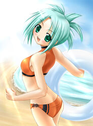  back bikini butt_crack copyright_request female green_eyes green_hair looking_back orange_bikini solo swimsuit tachibana_surimu 