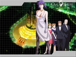  2boys 3girls artist_request bag batou_(gits) breasts brown_hair cleavage dress elbow_gloves formal fur ghost_in_the_shell ghost_in_the_shell_stand_alone_complex gloves handbag high_heels jewelry kusanagi_motoko large_breasts multiple_boys multiple_girls necklace operator_(gits) pantyhose ponytail purple_hair shoes short_hair suit togusa_(gits) tuxedo white_hair 