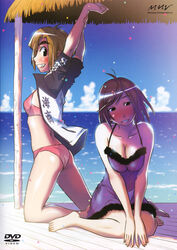  2girls absurdres babydoll barefoot bikini blush breasts cleavage day hattori_mitsuru highres kenkou_zenrakei_suieibu_umishou kise_sanae large_breasts multiple_girls outdoors panties photoshop_(medium) see-through shizuoka_mirei small_breasts swimsuit underwear 