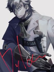  1boy appare-ranman! arm_belt ascot black_gloves brown_hair character_name coat dylan_g._oldin earrings facial_hair gloves grey_ascot gun hair_over_one_eye holster jewelry kan_(mi) male_focus shoulder_holster simple_background solo stubble upper_body weapon white_coat 