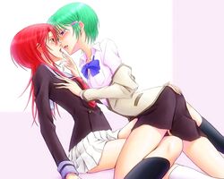  2girls bonnie_(rsg) dry_humping fuyuumi_shoko green_hair hand_on_another&#039;s_ass hand_on_another&#039;s_chest hino_kahoko humping la_corda_d&#039;oro multiple_girls red_hair white_background yellow_eyes yuri 