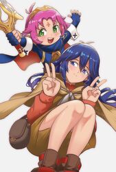  2girls :d blue_eyes blue_gloves blush burnt_green_tea cosplay costume_switch double_v fae_(fire_emblem) fae_(fire_emblem)_(cosplay) falchion_(fire_emblem) feet_out_of_frame fingerless_gloves fire_emblem fire_emblem:_the_binding_blade fire_emblem_awakening gloves green_eyes highres long_hair lucina_(fire_emblem) lucina_(fire_emblem)_(cosplay) multiple_girls open_mouth pink_hair short_hair smile v 