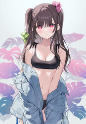  ancotaku bare_shoulders beads bikini black_bikini blue_shirt blush bow breasts buttons cleavage closed_mouth denim_shirt dot_nose female frown green_scrunchie hair_beads hair_between_eyes hair_ornament hair_over_eyes hair_scrunchie hairbow highres leaf leaf_background looking_at_viewer medium_breasts navel off_shoulder open_clothes open_shirt original pink_bow pocket red_eyes rubber_band scrunchie shirt sidelocks simple_background sleeves_past_fingers sleeves_past_wrists solo stomach swimsuit white_background 