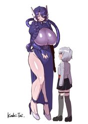  1boy black_footwear black_legwear black_shorts braid breasts commentary_request dress female genderswap_(mtf) glowing glowing_eye grey_hair grey_jacket heterochromia highres huge_breasts humanization jacket koshii_tai long_hair looking_down looking_up megatron one_eye_covered open_mouth purple_dress purple_eyes purple_hair red_eyes rule_63 shockwave_(transformers) shorts thighhighs transformers yellow_eyes 