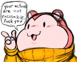  4_fingers 5:4 angry anthro clothing cricetid dialogue english_text filthyopossum fingers fur hamster hi_res male mammal peepoodo pink_body pink_fur profanity reaction_image rodent simple_background sketchy smile solo speech_bubble super_fuck_friends sweater text topwear turtleneck white_background 