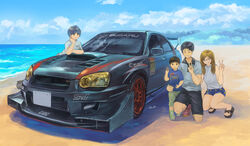  2boys 2girls ^_^ beach black_hair blonde_hair car closed_eyes glasses highres medium_hair momo_hiki motor_vehicle multiple_boys multiple_girls ocean original outdoors personification smile spoiler_(automobile) subaru_(brand) subaru_impreza v vehicle_and_personification vehicle_focus yellow_eyes 