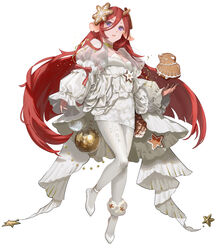  animal_ears breasts commentary_request detached_sleeves dress female full_body gingerbread_cookie hair_between_eyes hand_up highres horns livly_island long_hair long_sleeves ori_(momonimo) pantyhose parted_lips pinecone puffy_long_sleeves puffy_sleeves purple_eyes red_hair see-through see-through_sleeves shoes simple_background single_horn sleeves_past_wrists small_breasts solo very_long_hair white_background white_dress white_footwear white_pantyhose 