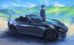  1boy black_hair brown_eyes car convertible highres leaning mazda mazda_mx-5 mazda_mx-5_nd momo_hiki motor_vehicle original outdoors personification sports_car vehicle_and_personification vehicle_focus watch wristwatch 